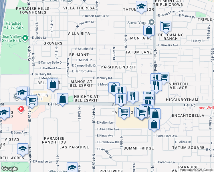 map of restaurants, bars, coffee shops, grocery stores, and more near 4455 East Danbury Road in Phoenix
