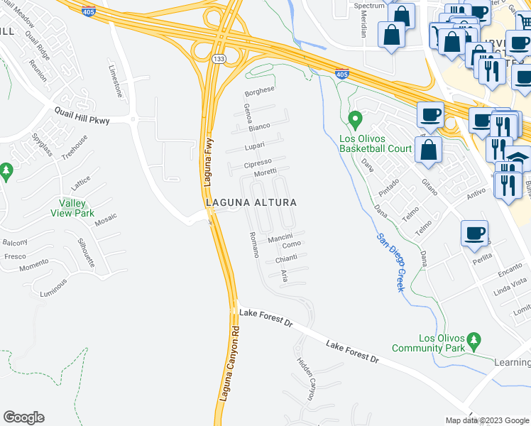 map of restaurants, bars, coffee shops, grocery stores, and more near 52 Modena in Irvine