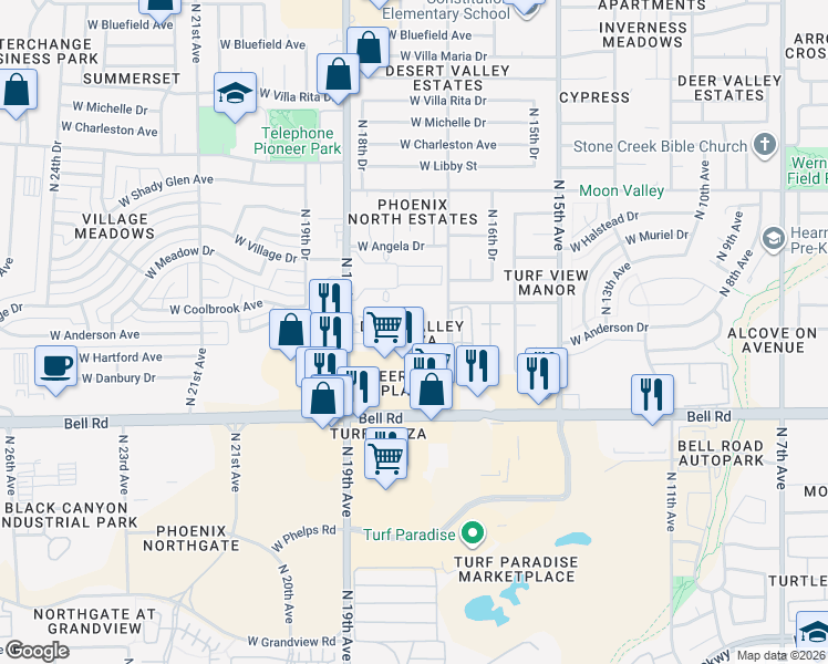 map of restaurants, bars, coffee shops, grocery stores, and more near 17239 North 19th Avenue in Phoenix