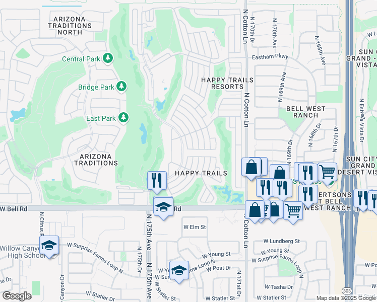 map of restaurants, bars, coffee shops, grocery stores, and more near 17200 West Bell Road in Surprise