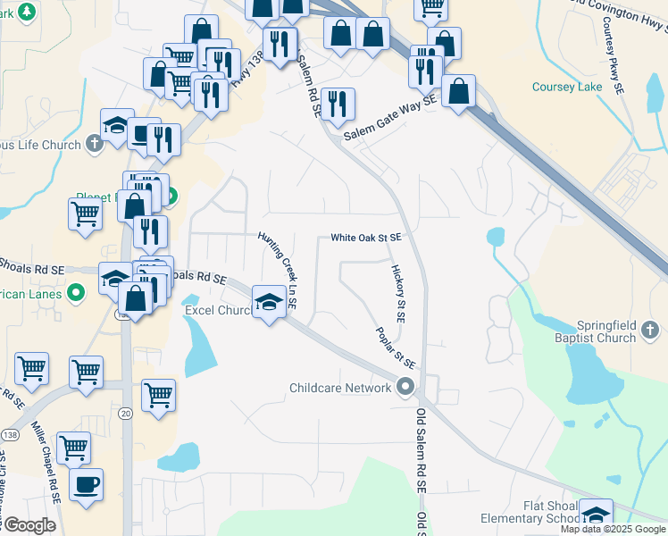 map of restaurants, bars, coffee shops, grocery stores, and more near 1793 Poplar Street Southeast in Conyers