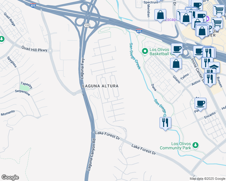 map of restaurants, bars, coffee shops, grocery stores, and more near 32 Umbria in Irvine