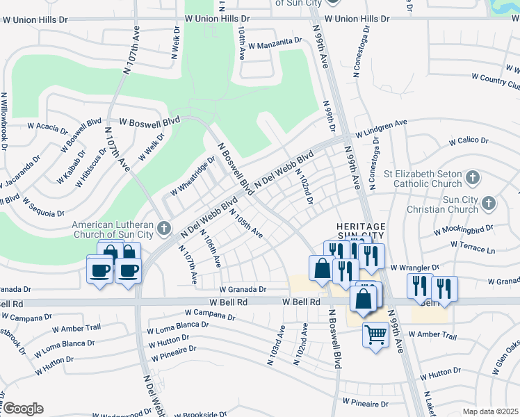 map of restaurants, bars, coffee shops, grocery stores, and more near 17455 Boswell Boulevard in Sun City