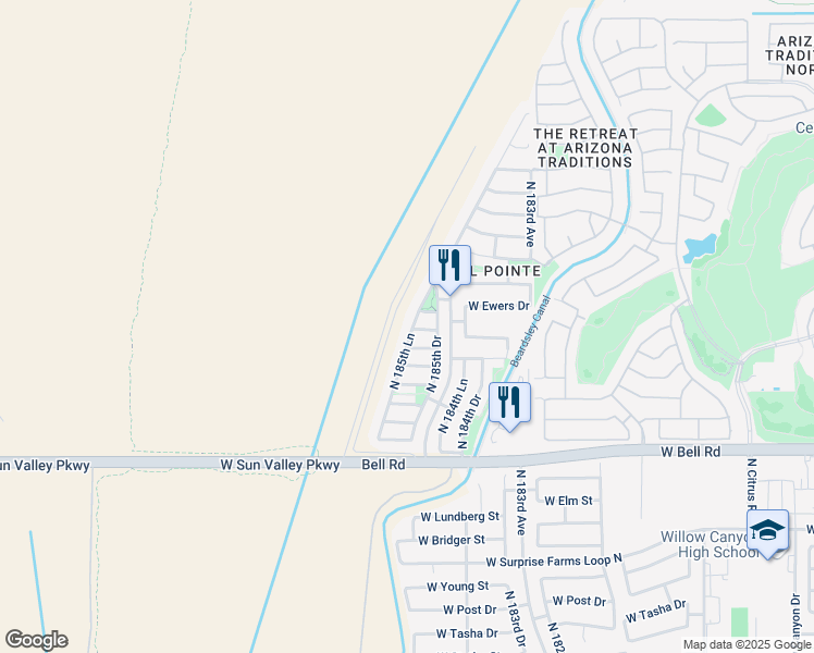 map of restaurants, bars, coffee shops, grocery stores, and more near 17496 North 185th Lane in Surprise