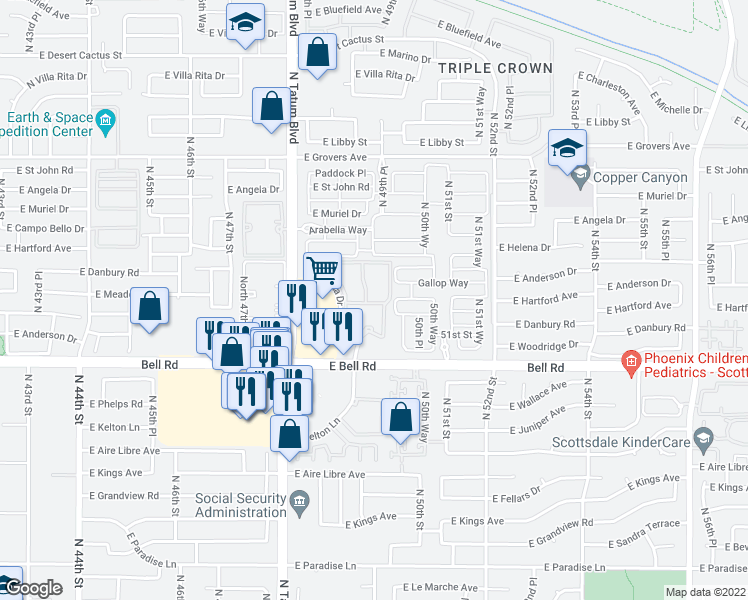 map of restaurants, bars, coffee shops, grocery stores, and more near 17030 North 49th Street in Scottsdale