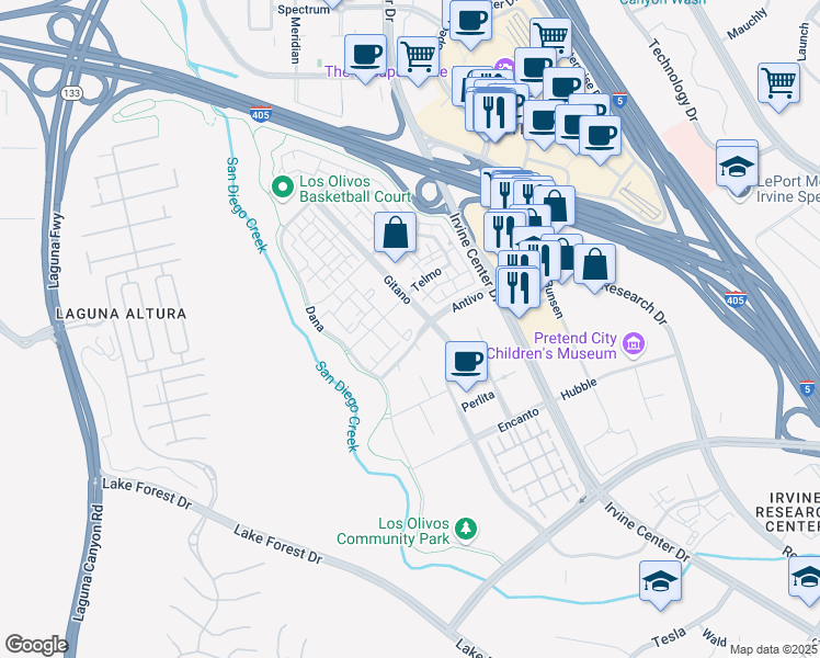 map of restaurants, bars, coffee shops, grocery stores, and more near Telmo in Irvine