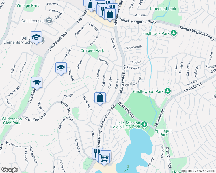 map of restaurants, bars, coffee shops, grocery stores, and more near 22002 Salcedo in Mission Viejo