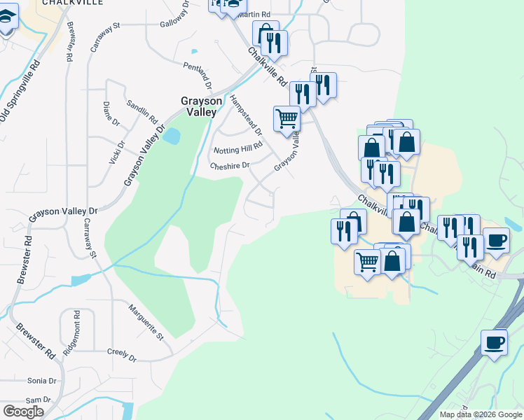 map of restaurants, bars, coffee shops, grocery stores, and more near 5036 Cheshire Court in Birmingham