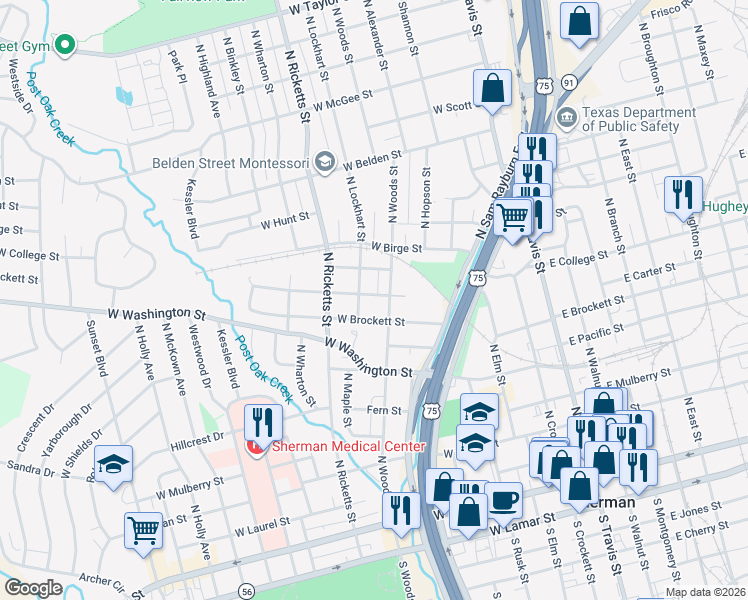 map of restaurants, bars, coffee shops, grocery stores, and more near 904 North Woods Street in Sherman