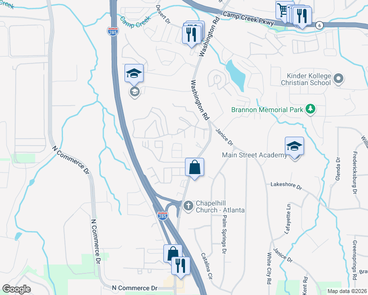 map of restaurants, bars, coffee shops, grocery stores, and more near 1412 Canopy drive in East Point