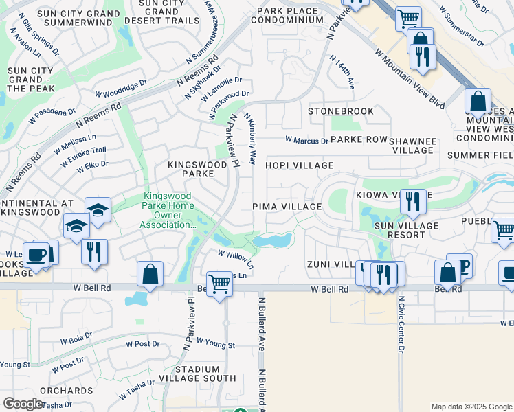 map of restaurants, bars, coffee shops, grocery stores, and more near 17327 North Kimberly Way in Surprise