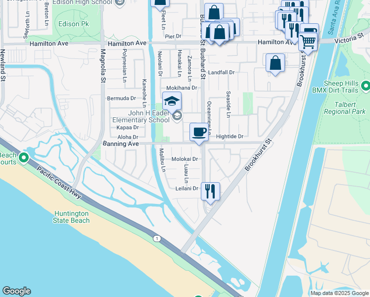 map of restaurants, bars, coffee shops, grocery stores, and more near 22022 Balboa Circle in Huntington Beach