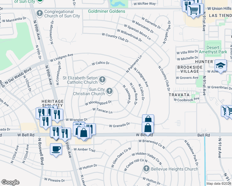 map of restaurants, bars, coffee shops, grocery stores, and more near 17626 North Hitching Post Drive in Sun City