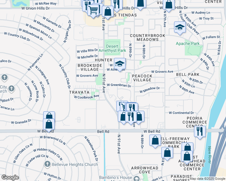 map of restaurants, bars, coffee shops, grocery stores, and more near 8989 West Greenbrian Drive in Peoria
