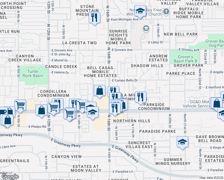 map of restaurants, bars, coffee shops, grocery stores, and more near 17237 North 15th Place in Phoenix