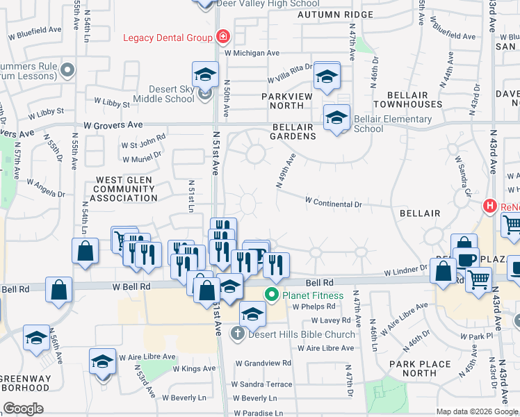 map of restaurants, bars, coffee shops, grocery stores, and more near 4920 West Augusta Circle in Glendale