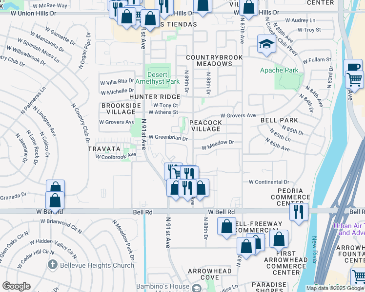 map of restaurants, bars, coffee shops, grocery stores, and more near 8931 West Saint John Road in Peoria