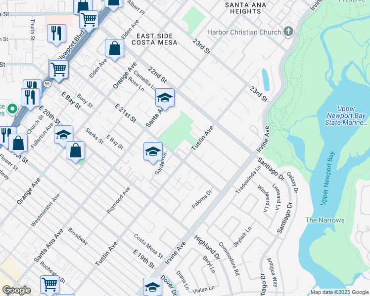 map of restaurants, bars, coffee shops, grocery stores, and more near 2131 Tustin Avenue in Costa Mesa