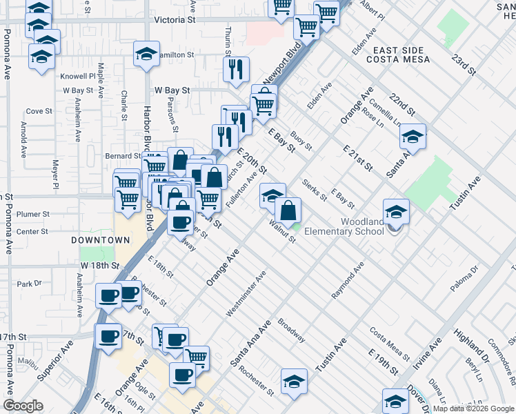 map of restaurants, bars, coffee shops, grocery stores, and more near 1968 Rosemary Place in Costa Mesa