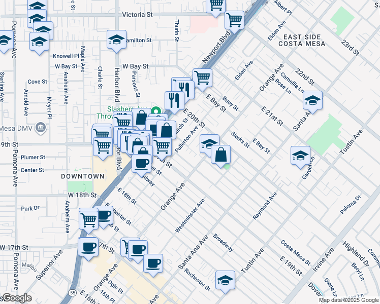 map of restaurants, bars, coffee shops, grocery stores, and more near 1947 Fullerton Avenue in Costa Mesa