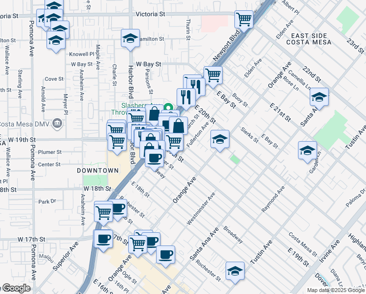 map of restaurants, bars, coffee shops, grocery stores, and more near 1927 Church Street in Costa Mesa