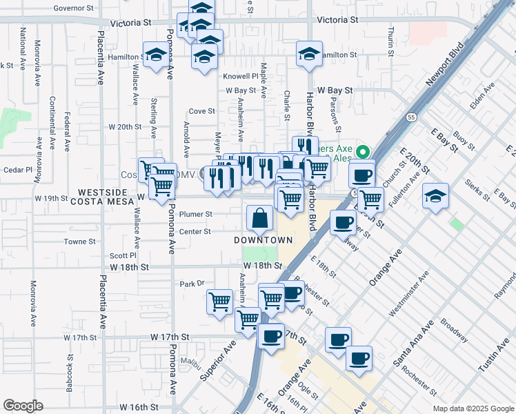 map of restaurants, bars, coffee shops, grocery stores, and more near 574 West 19th Street in Costa Mesa