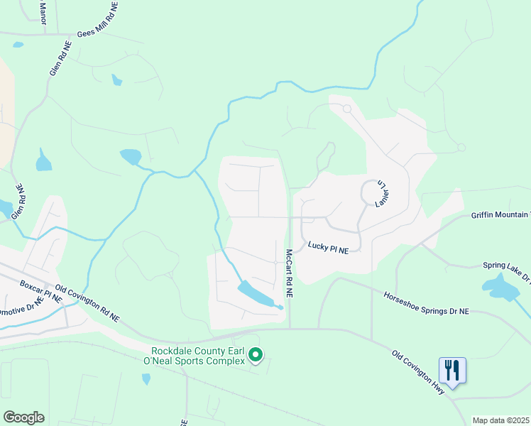 map of restaurants, bars, coffee shops, grocery stores, and more near 2413 Brynlyn Woods Drive Northeast in Conyers