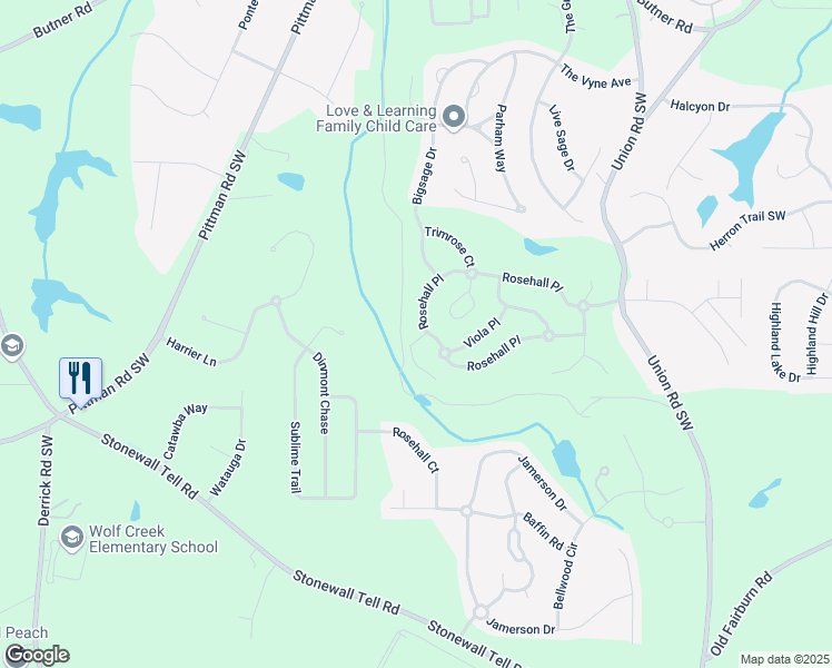 map of restaurants, bars, coffee shops, grocery stores, and more near 5526 Rosehall Place in Atlanta
