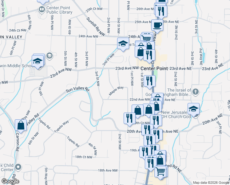 map of restaurants, bars, coffee shops, grocery stores, and more near 2224 2nd Terrace Northwest in Center Point