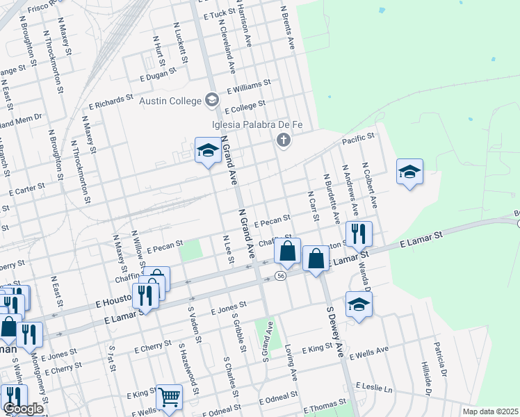 map of restaurants, bars, coffee shops, grocery stores, and more near 404 406 N Cleveland in Sherman