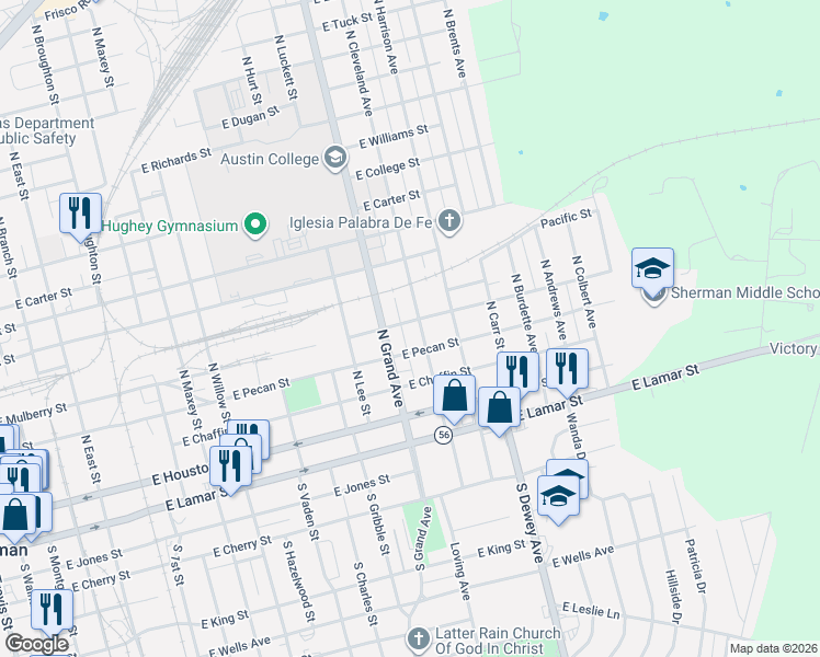map of restaurants, bars, coffee shops, grocery stores, and more near 404 406 N Cleveland in Sherman