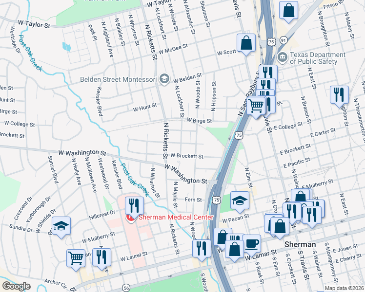 map of restaurants, bars, coffee shops, grocery stores, and more near 901 West Fischer Street in Sherman