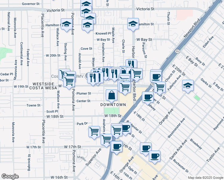 map of restaurants, bars, coffee shops, grocery stores, and more near 575 West 19th Street in Costa Mesa