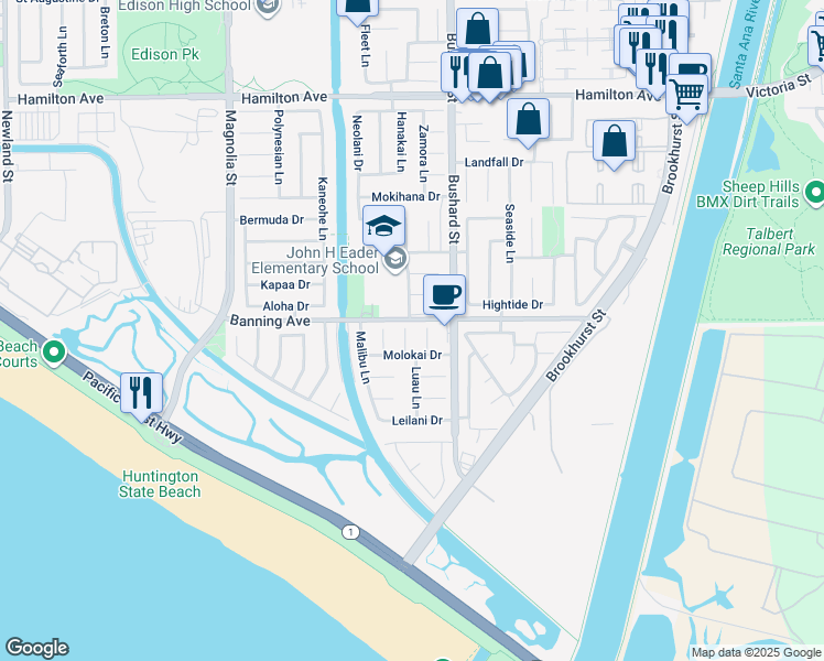 map of restaurants, bars, coffee shops, grocery stores, and more near 22022 Balboa Circle in Huntington Beach