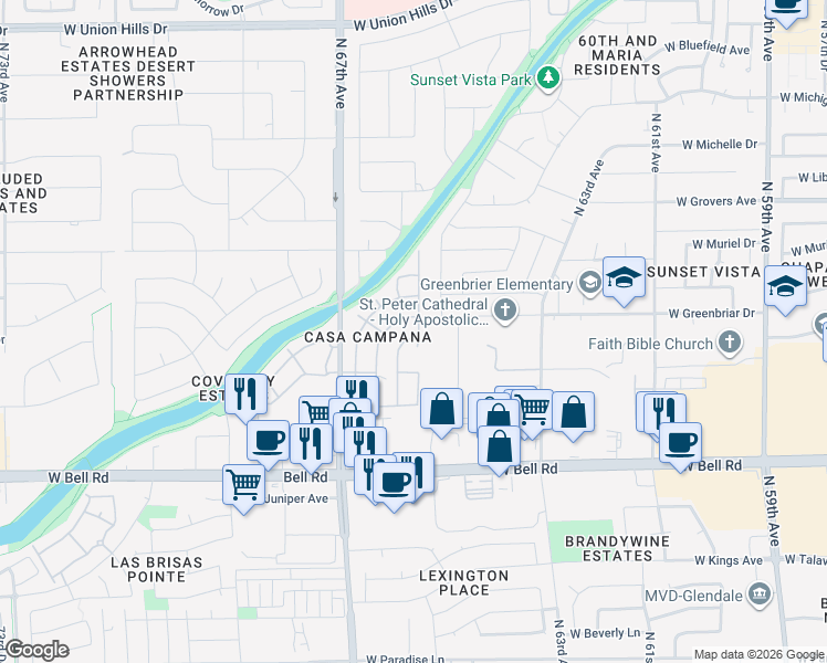 map of restaurants, bars, coffee shops, grocery stores, and more near 17276 North 66th Drive in Glendale
