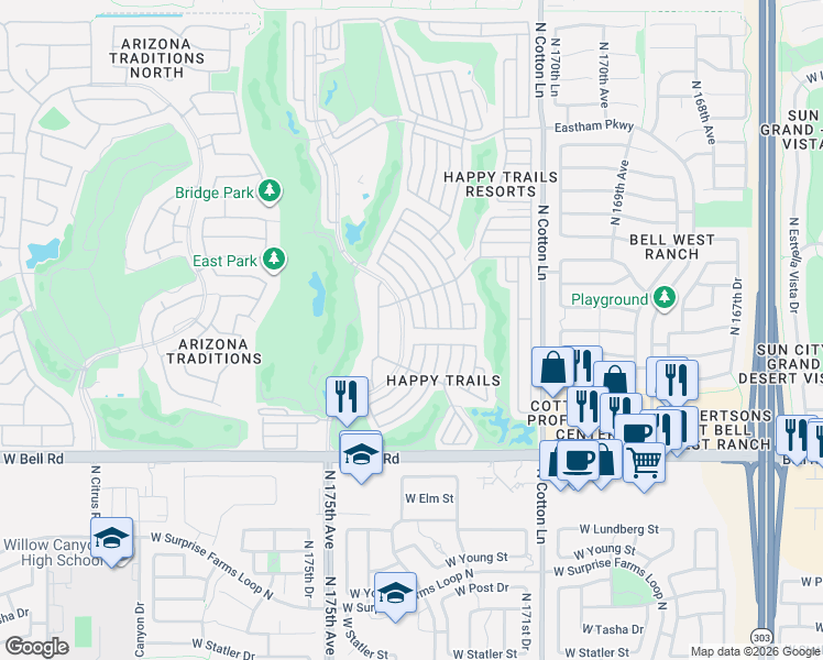 map of restaurants, bars, coffee shops, grocery stores, and more near 17200 West Bell Road in Surprise