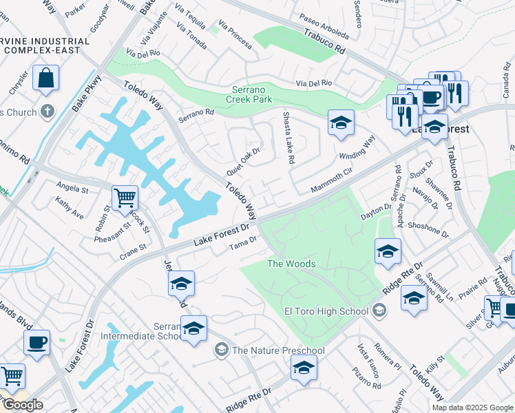 map of restaurants, bars, coffee shops, grocery stores, and more near 24826 Lakefield Street in Lake Forest