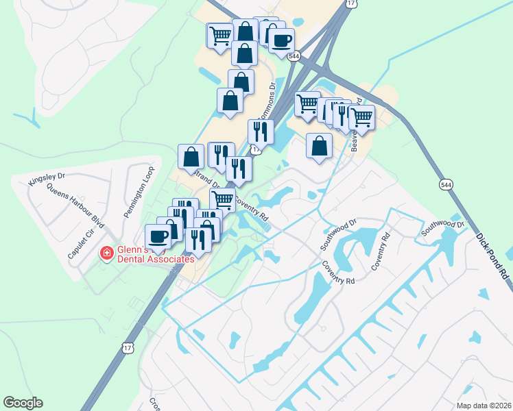 map of restaurants, bars, coffee shops, grocery stores, and more near 255 Hull Street in Surfside Beach