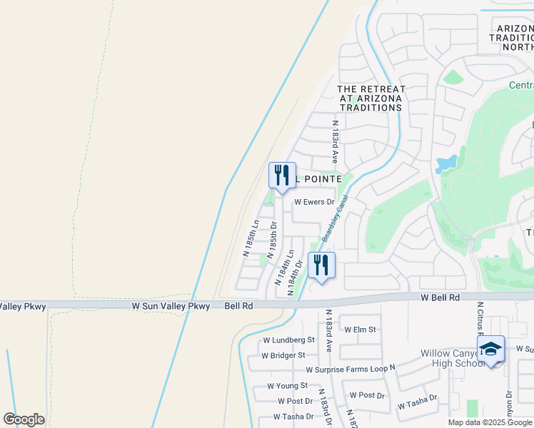 map of restaurants, bars, coffee shops, grocery stores, and more near 18526 West Valerie Drive in Surprise