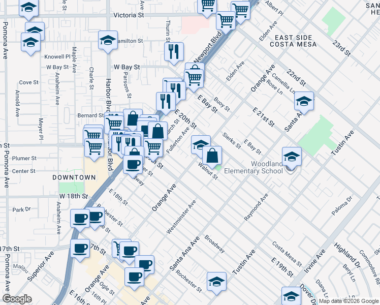 map of restaurants, bars, coffee shops, grocery stores, and more near 1968 Rosemary Place in Costa Mesa