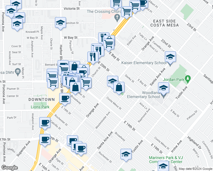 map of restaurants, bars, coffee shops, grocery stores, and more near 1956 Rosemary Place in Costa Mesa