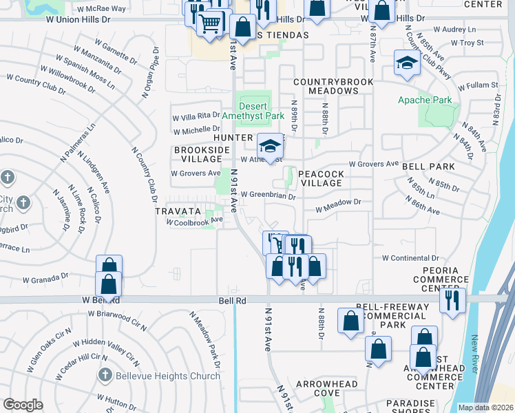 map of restaurants, bars, coffee shops, grocery stores, and more near 8989 West Greenbrian Drive in Peoria