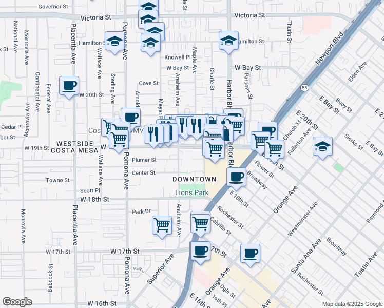 map of restaurants, bars, coffee shops, grocery stores, and more near 575 West 19th Street in Costa Mesa