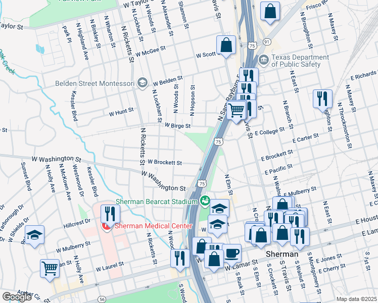 map of restaurants, bars, coffee shops, grocery stores, and more near 820 North Sam Rayburn Freeway in Sherman