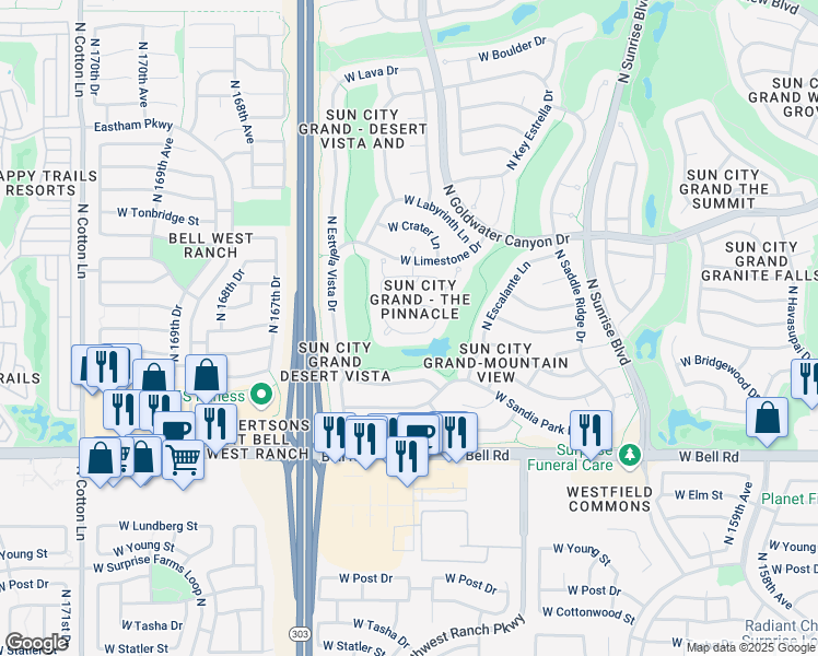 map of restaurants, bars, coffee shops, grocery stores, and more near 16439 West Quarry Court in Surprise
