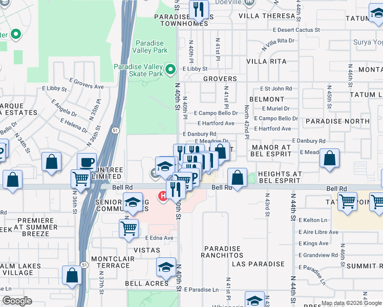 map of restaurants, bars, coffee shops, grocery stores, and more near 4029 East Coolbrook Avenue in Phoenix