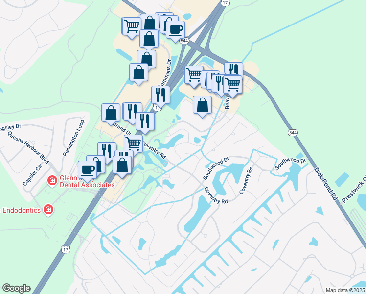 map of restaurants, bars, coffee shops, grocery stores, and more near 345 Mikita Drive in Surfside Beach
