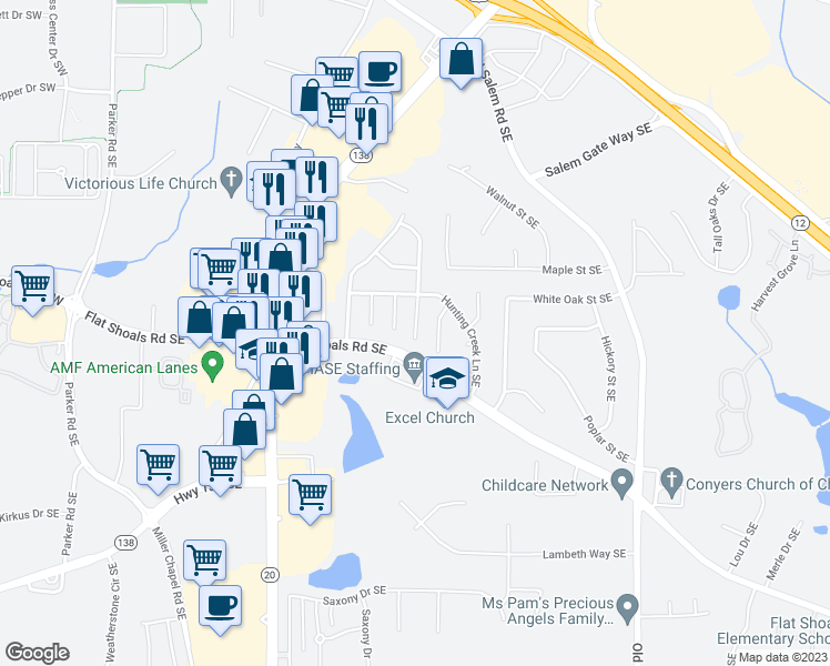 map of restaurants, bars, coffee shops, grocery stores, and more near 1752 Bob White Lane Southeast in Conyers