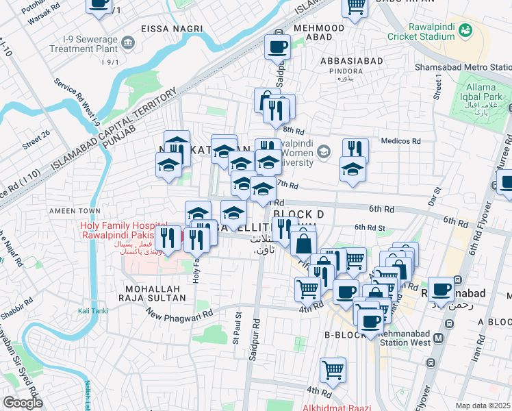 map of restaurants, bars, coffee shops, grocery stores, and more near Saidpur Road in Rawalpindi