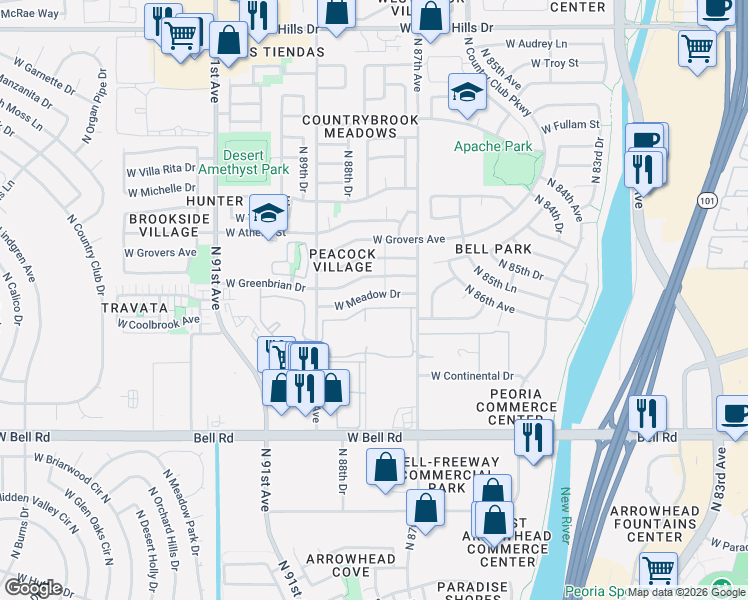 map of restaurants, bars, coffee shops, grocery stores, and more near 8751 West Greenbrian Drive in Peoria
